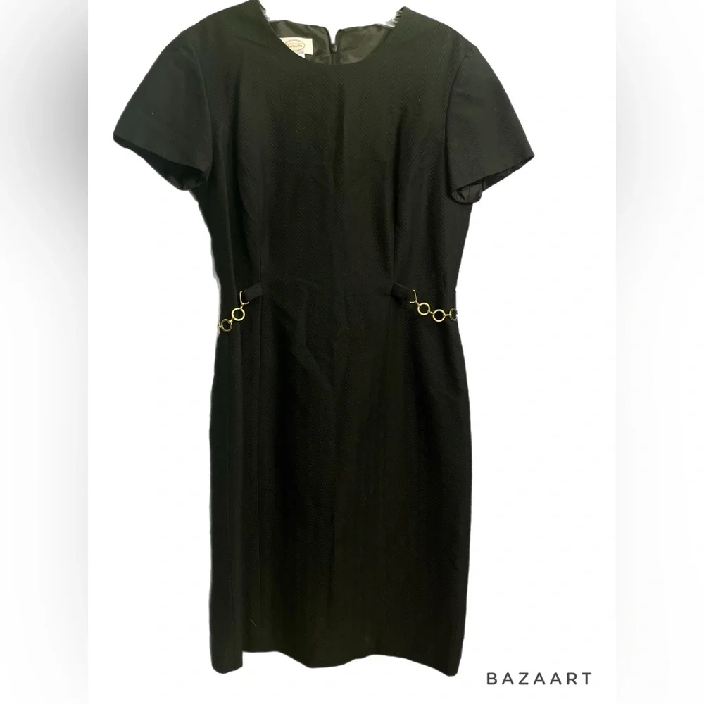 Talbots little black dress with gold belted accent textured short sleeve size 6 - Picture 1 of 8